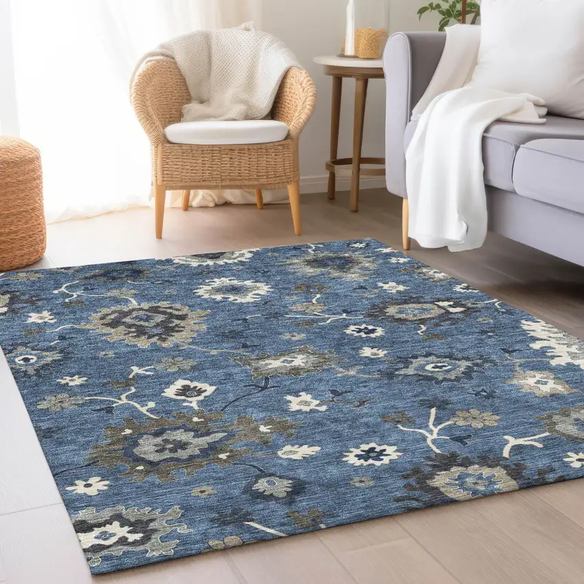 Blue Gray And White Floral Washable Indoor Outdoor Area Rug Photo 8