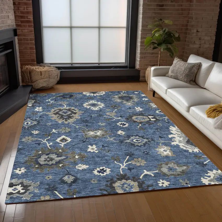 Blue Gray And White Floral Washable Indoor Outdoor Area Rug Photo 9