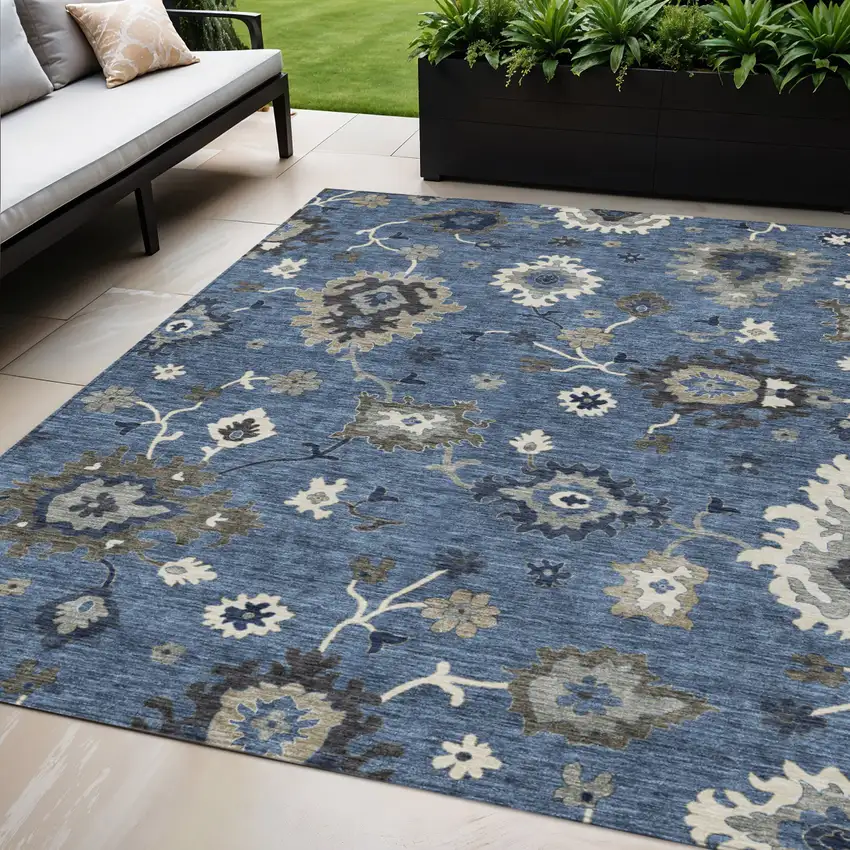Blue Gray And White Floral Washable Indoor Outdoor Area Rug Photo 1