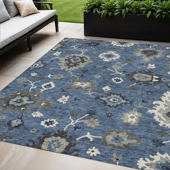 Blue Gray And White Floral Washable Indoor Outdoor Area Rug Photo 1