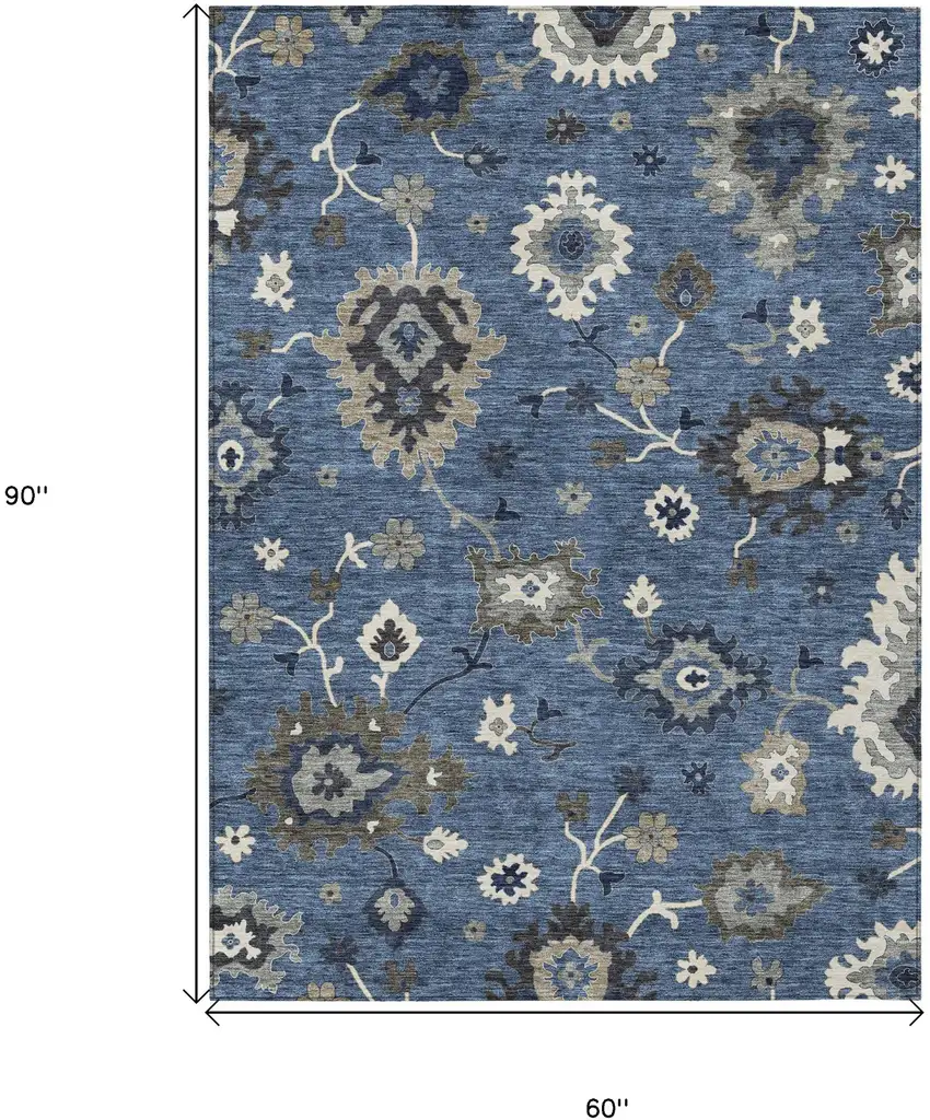 Blue Gray And White Floral Washable Indoor Outdoor Area Rug Photo 8