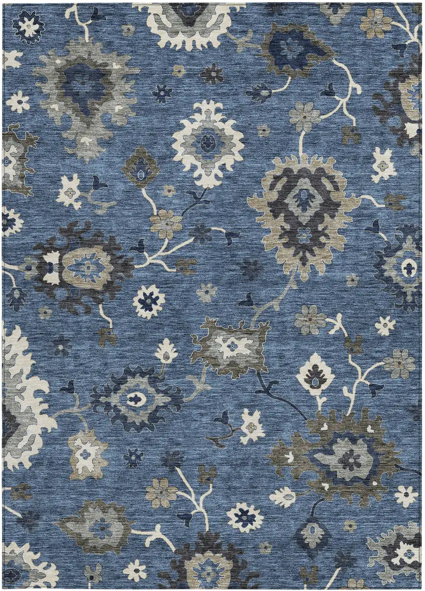 Blue Gray And White Floral Washable Indoor Outdoor Area Rug Photo 6