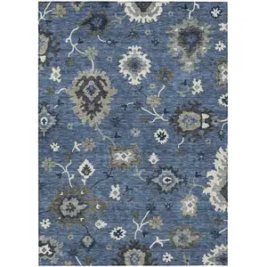 Photo of Blue Gray And White Floral Washable Indoor Outdoor Area Rug