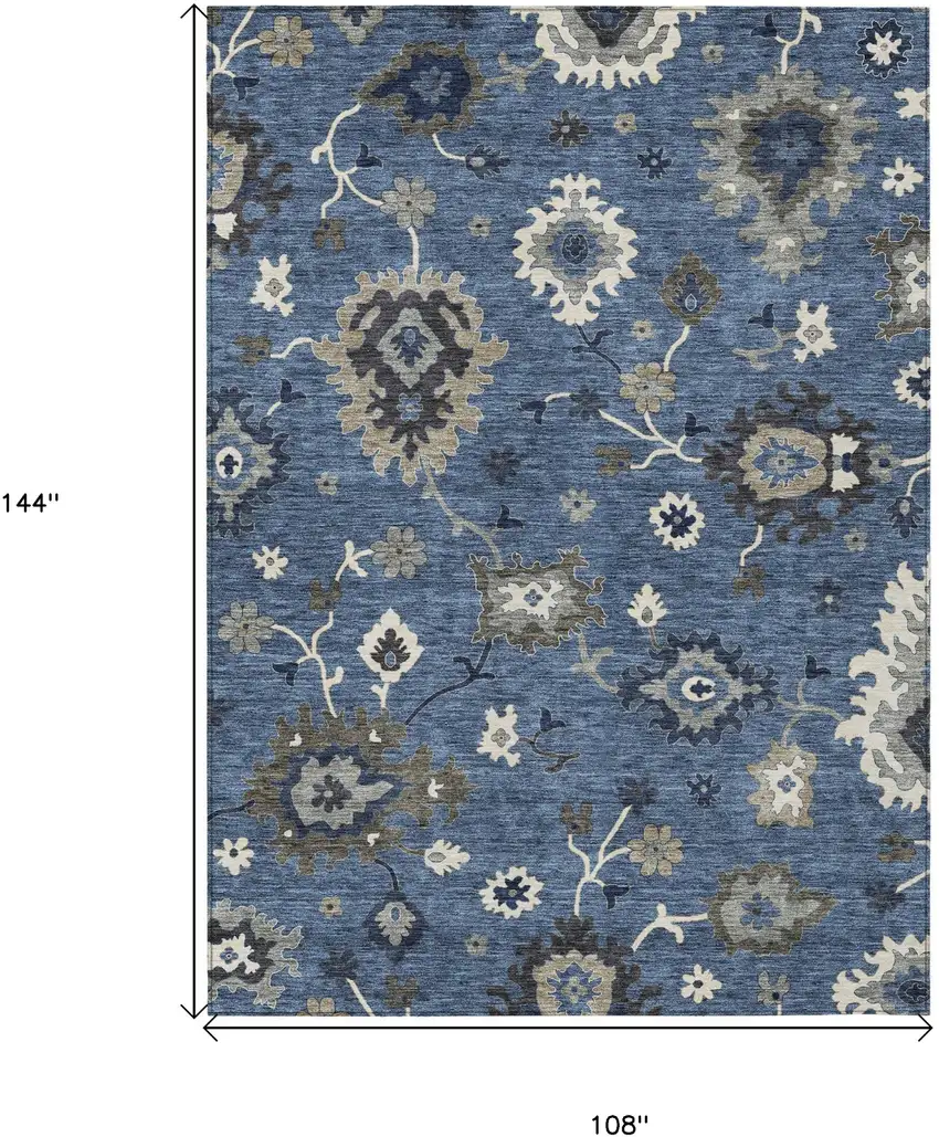 Blue Gray And White Floral Washable Indoor Outdoor Area Rug Photo 8