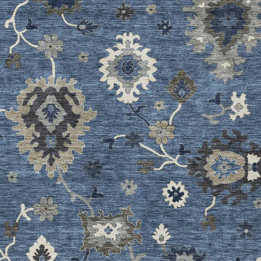 Blue Gray And White Floral Washable Indoor Outdoor Area Rug Photo 5