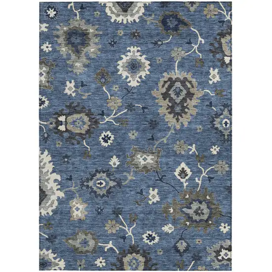 Blue Gray And White Floral Washable Indoor Outdoor Area Rug Photo 6