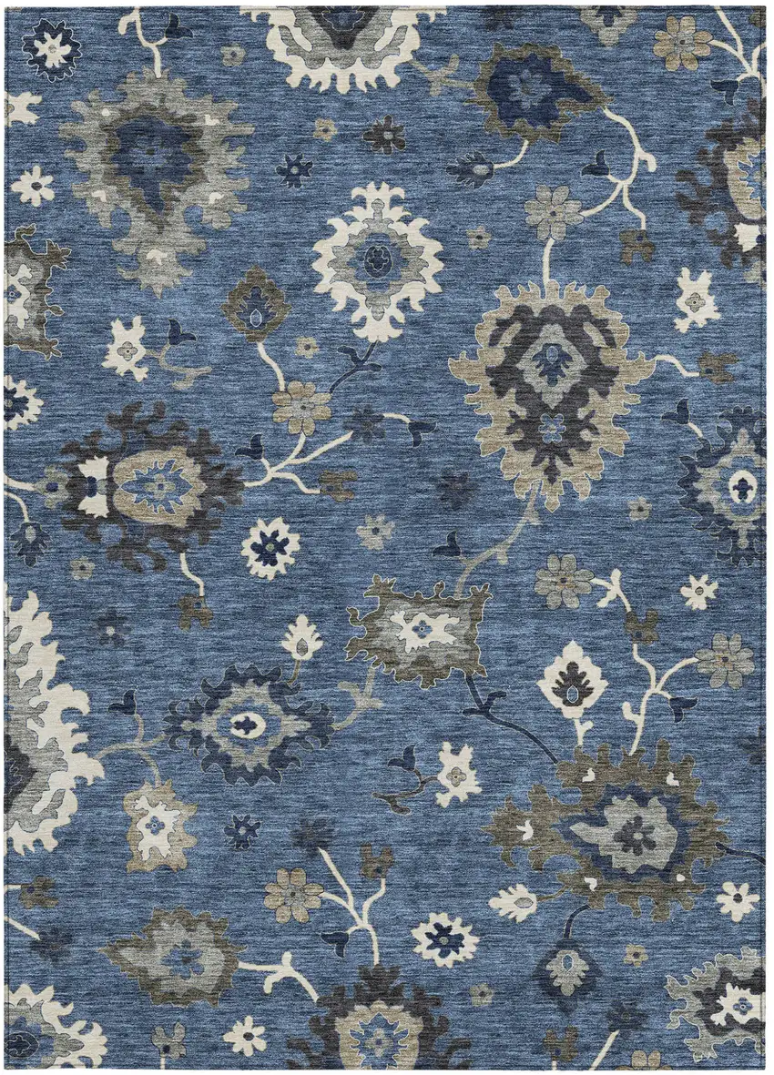 Blue Gray And White Floral Washable Indoor Outdoor Area Rug Photo 6