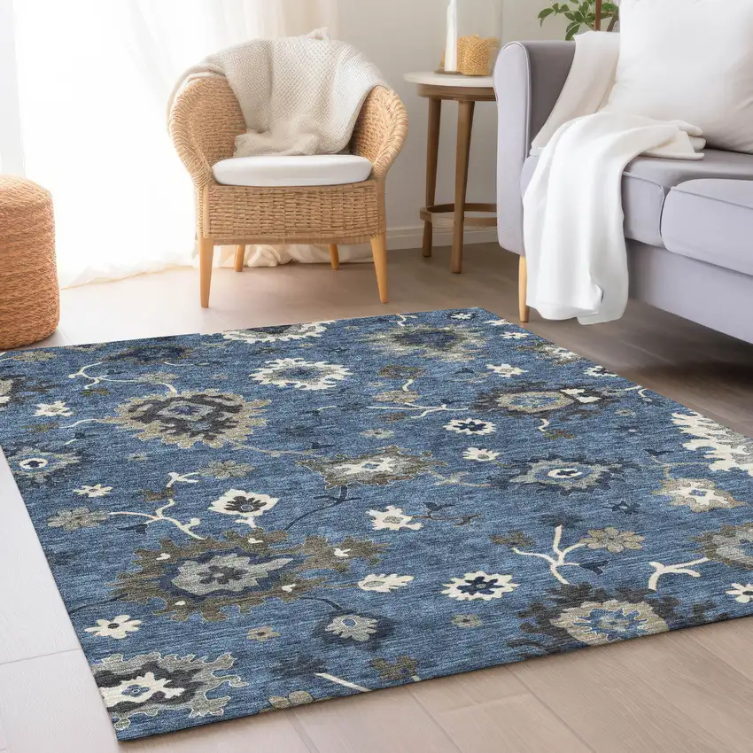 Blue Gray And White Floral Washable Indoor Outdoor Area Rug Photo 8