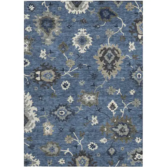 Blue Gray And White Floral Washable Indoor Outdoor Area Rug Photo 6