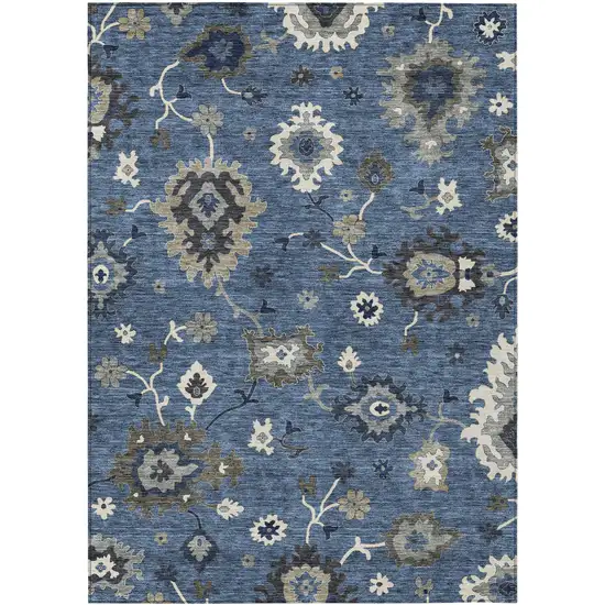 Blue Gray And White Floral Washable Indoor Outdoor Area Rug Photo 1
