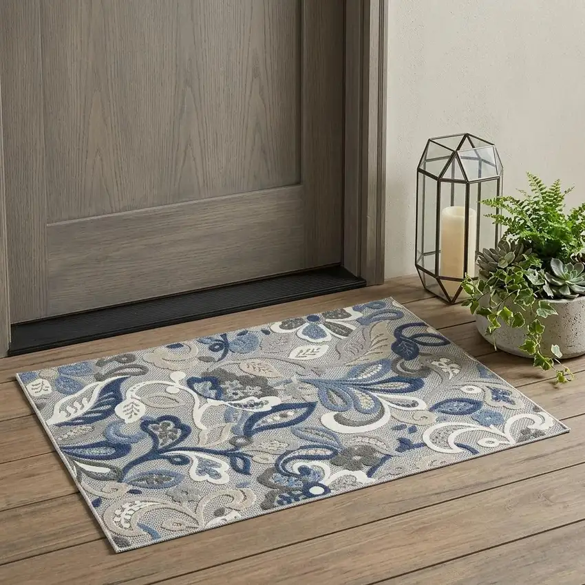Blue Gray Jacobean Floral Indoor Outdoor Area Rug Photo 1