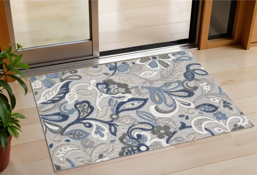 Blue Gray Jacobean Floral Indoor Outdoor Area Rug Photo 1