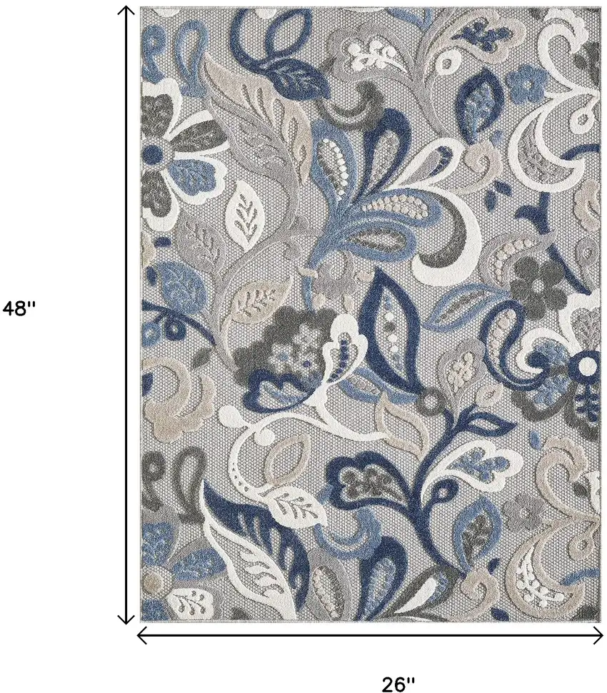 Blue Gray Jacobean Floral Indoor Outdoor Area Rug Photo 9