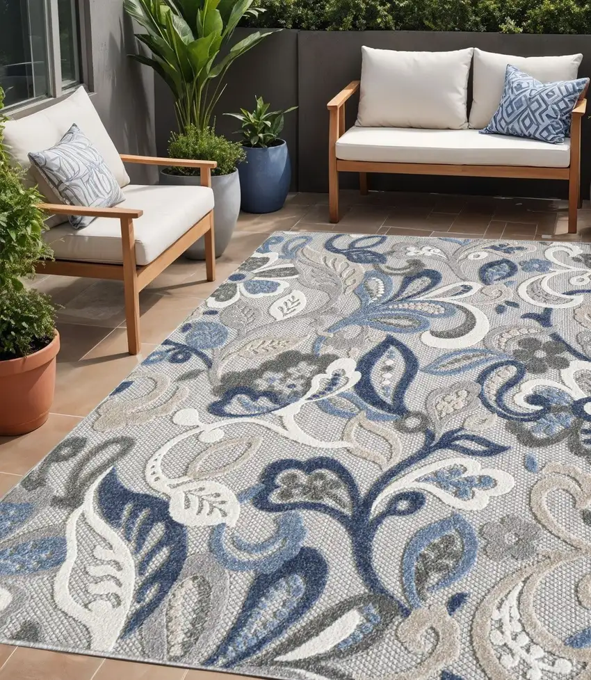 Blue And Gray Floral Stain Resistant Indoor Outdoor Area Rug Photo 1
