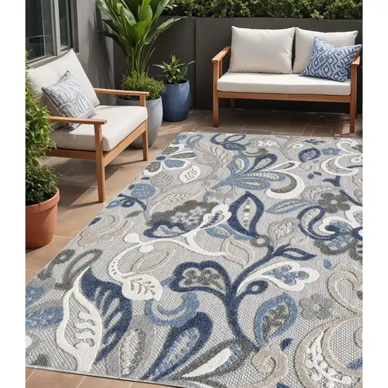 Blue And Gray Floral Stain Resistant Indoor Outdoor Area Rug Photo 1
