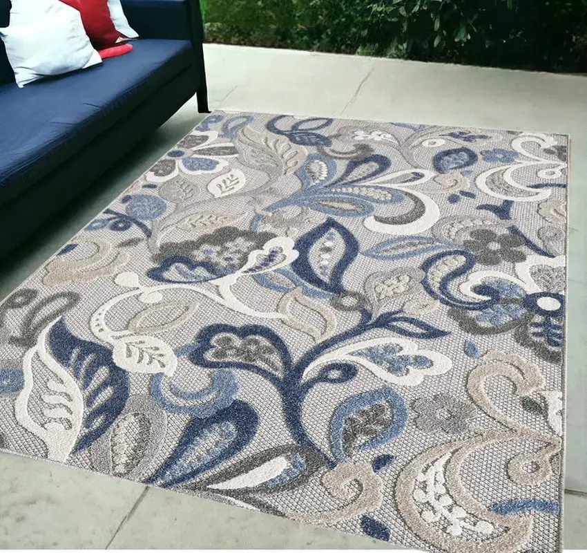 Blue And Gray Floral Stain Resistant Indoor Outdoor Area Rug Photo 1
