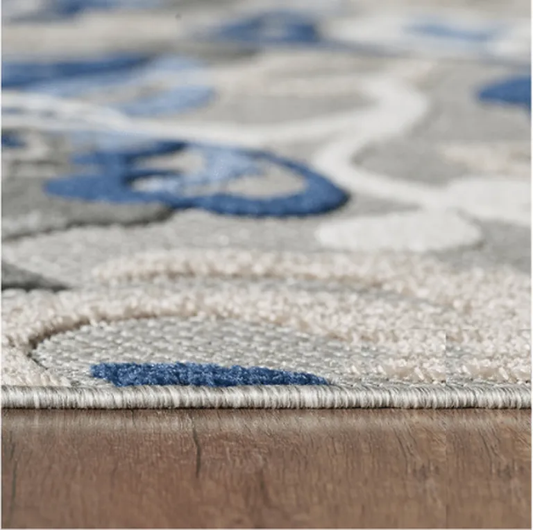 Blue Gray Jacobean Floral Indoor Outdoor Area Rug Photo 4
