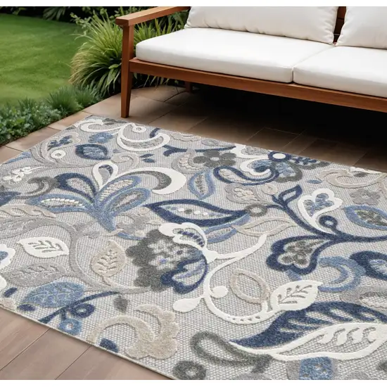 Blue And Gray Floral Stain Resistant Indoor Outdoor Area Rug Photo 1