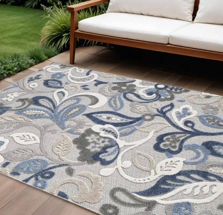 Blue And Gray Floral Stain Resistant Indoor Outdoor Area Rug Photo 1