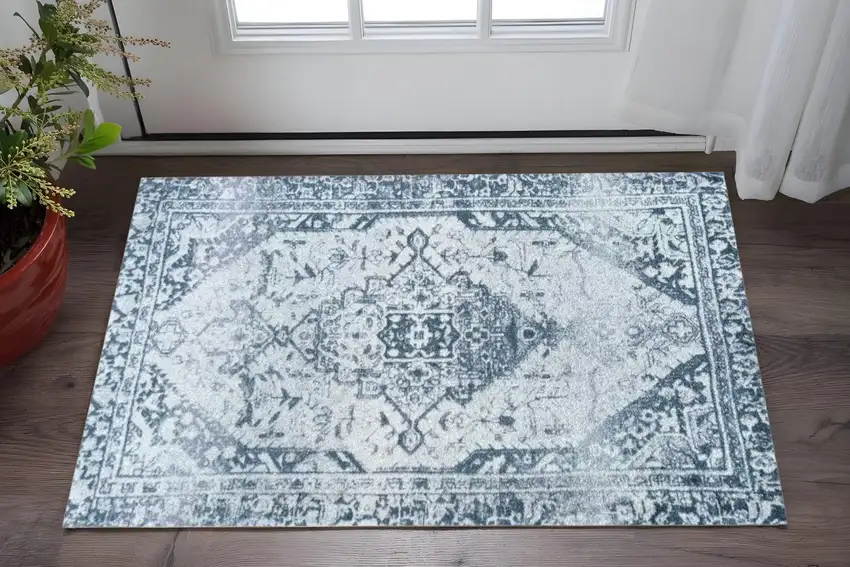 Dark Blue Gray and Ivory Oriental Distressed Washable Non Skid Area Rug With UV Protection Photo 1