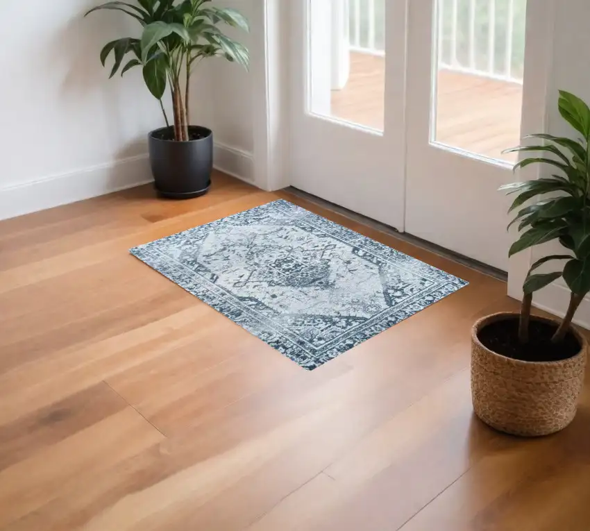 Blue Gray Oriental Distressed Washable Area Rug With UV Protection Photo 2