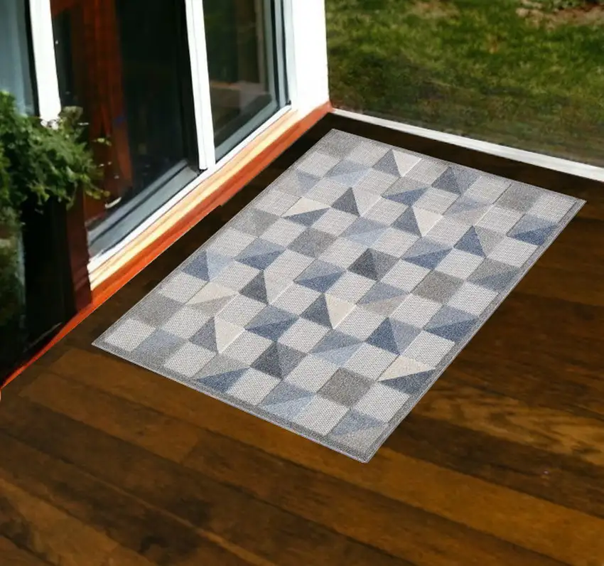 Blue And Gray Geometric Stain Resistant Indoor Outdoor Area Rug Photo 1