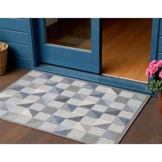 Blue And Gray Geometric Stain Resistant Indoor Outdoor Area Rug Photo 2