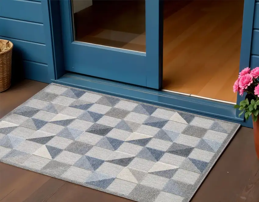 Blue And Gray Geometric Stain Resistant Indoor Outdoor Area Rug Photo 2