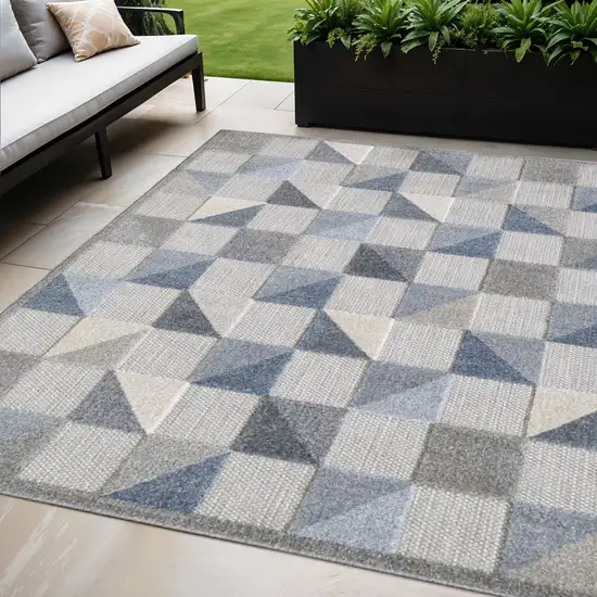 Blue And Gray Geometric Stain Resistant Indoor Outdoor Area Rug Photo 2