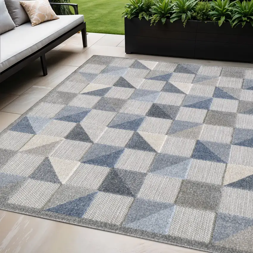 Blue And Gray Geometric Stain Resistant Indoor Outdoor Area Rug Photo 2