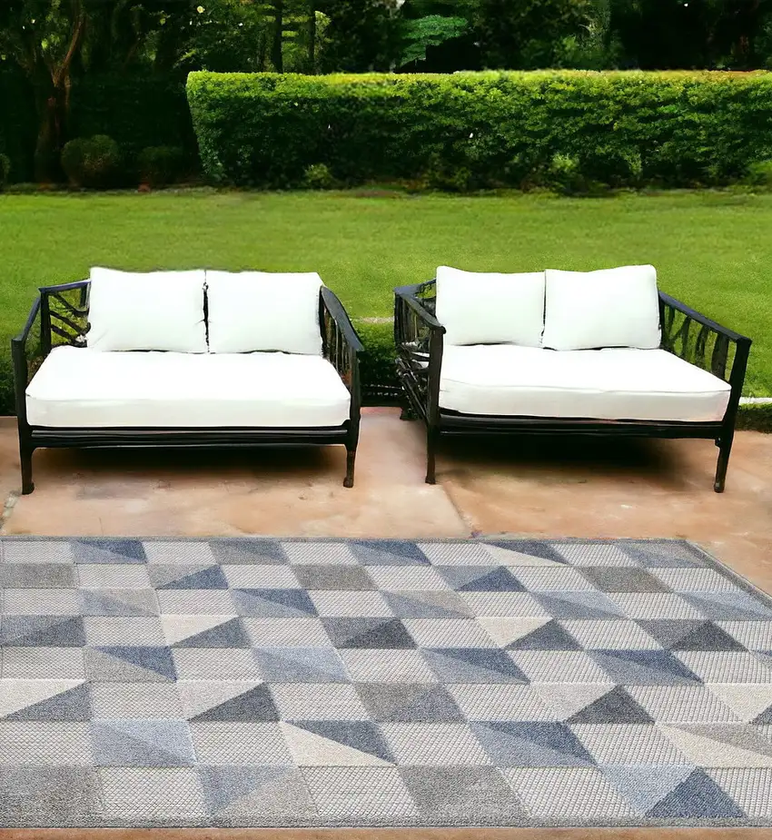 Blue Geometric Stain Resistant Indoor Outdoor Area Rug Photo 1