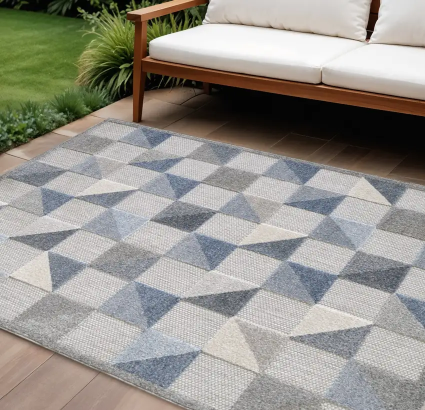 Blue Geometric Stain Resistant Indoor Outdoor Area Rug Photo 2