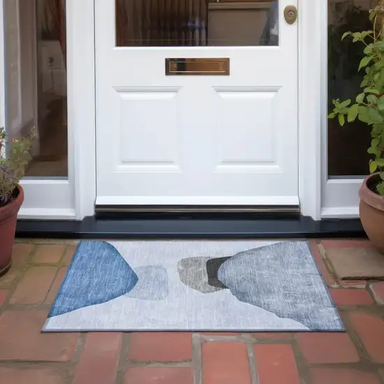 Blue Gray and Black Abstract Washable Non Skid Indoor Outdoor Area Rug Photo 8