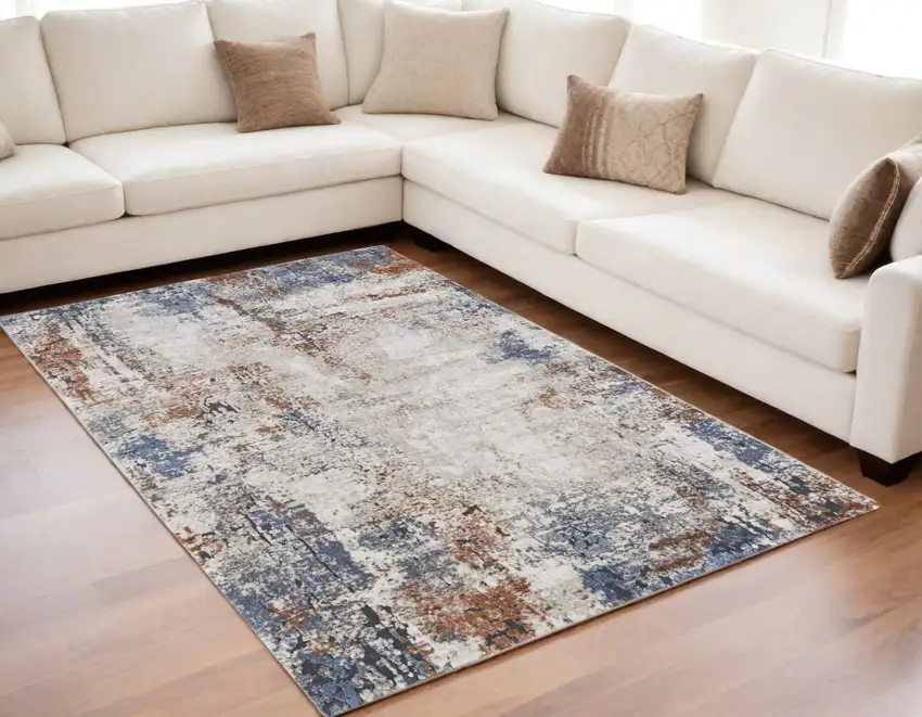 Blue Gray and Brown Abstract Power Loom Worn Faded Area Rug Photo 1