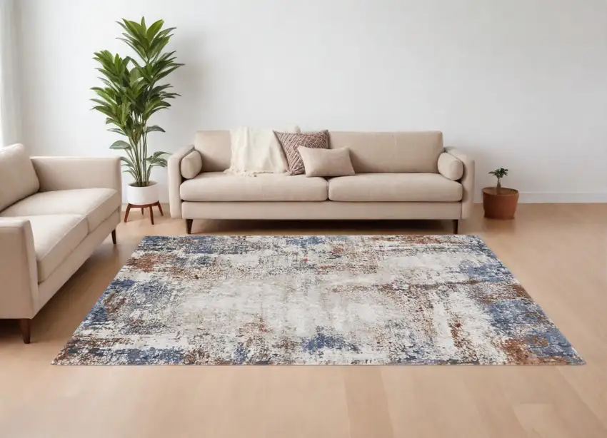 Blue Gray and Brown Abstract Power Loom Worn Faded Area Rug Photo 1