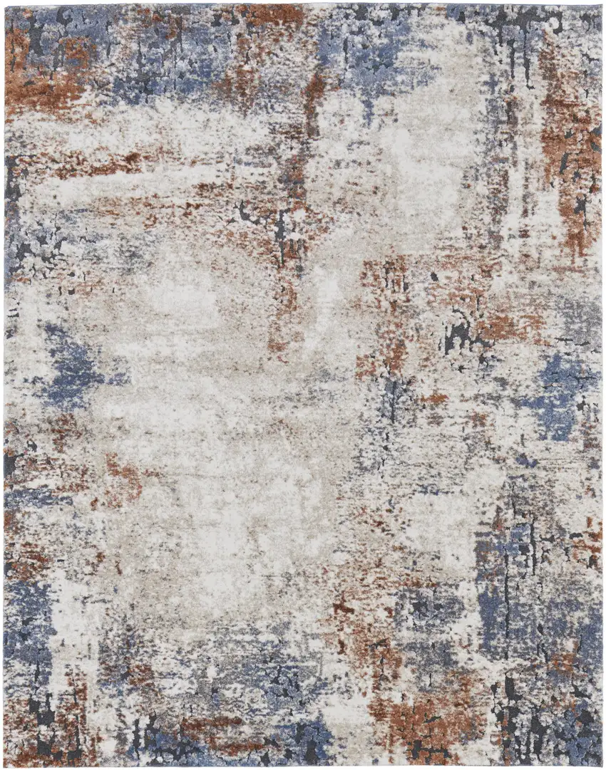 Blue Gray and Brown Abstract Power Loom Worn Faded Area Rug Photo 5
