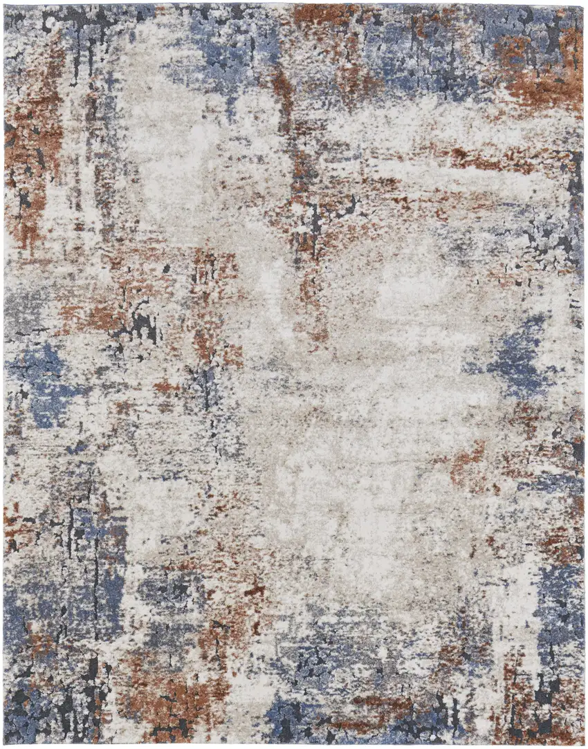 Blue Gray and Brown Abstract Power Loom Worn Faded Area Rug Photo 2