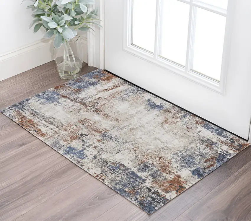 Blue Gray and Brown Abstract Power Loom Worn Faded Area Rug Photo 1