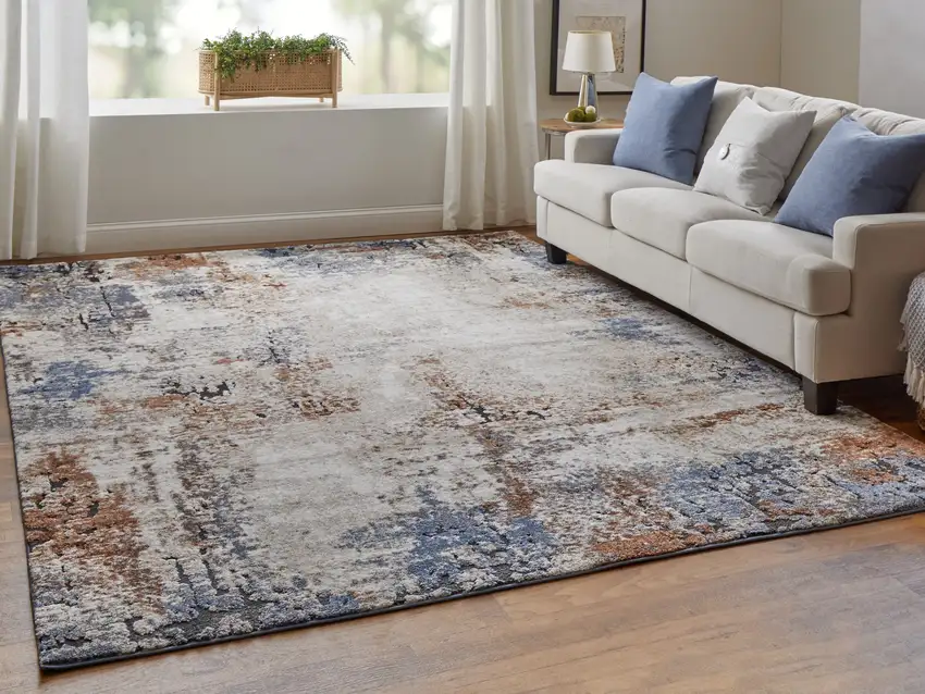 Blue Gray and Brown Abstract Power Loom Worn Faded Area Rug Photo 9