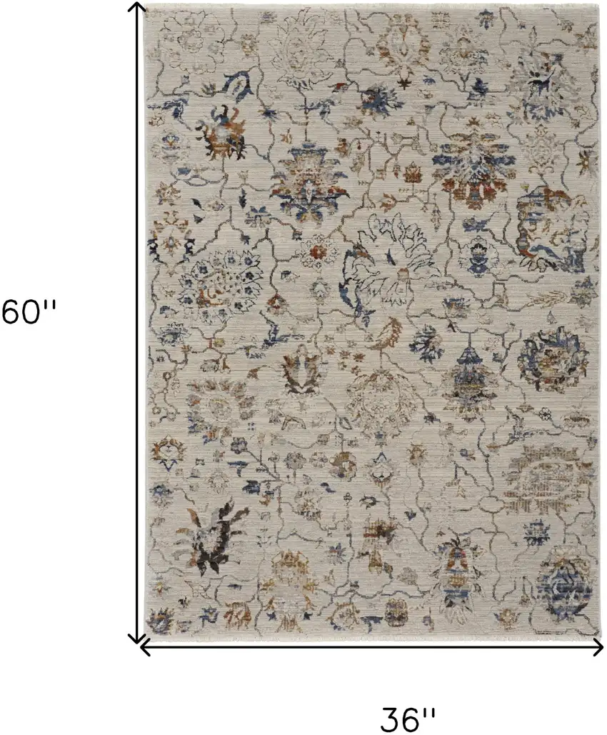 Blue Gray and Brown Floral Power Loom Worn Faded Area Rug With Fringe Photo 3