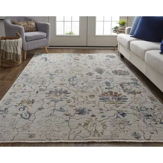 Ivory Blue And Burnt Orange Floral Distressed Area Rug With Fringe Photo 9