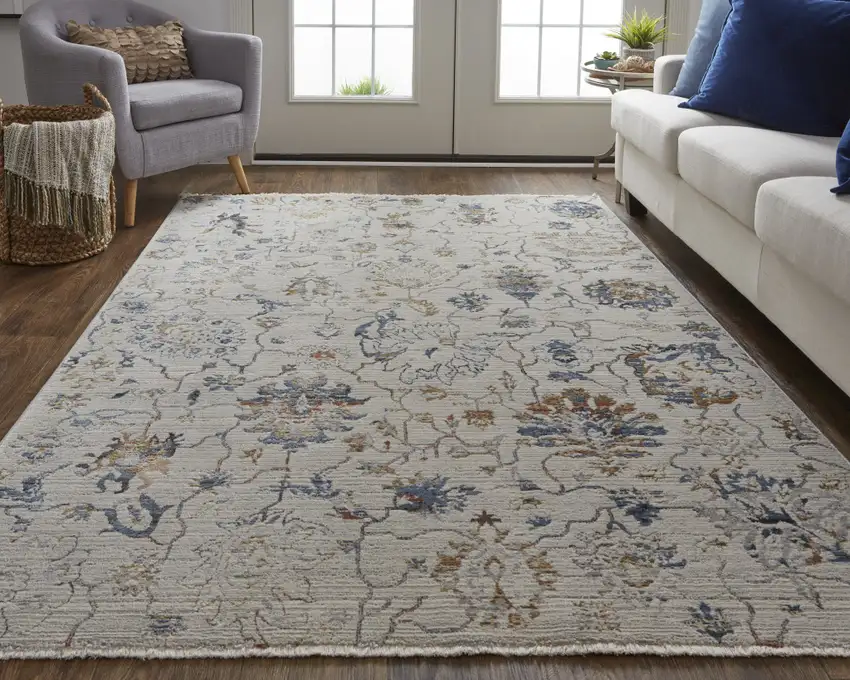 Ivory Blue And Burnt Orange Floral Distressed Area Rug With Fringe Photo 9