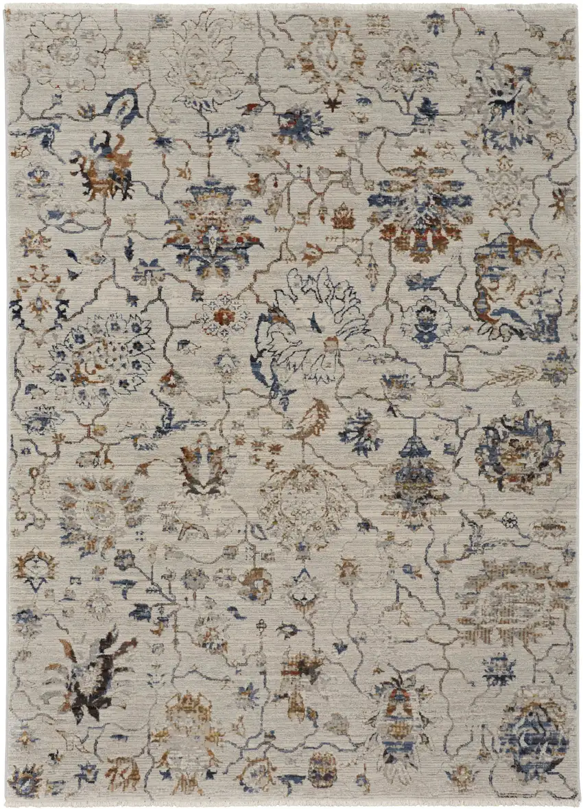 Blue Gray and Brown Floral Power Loom Worn Faded Area Rug With Fringe Photo 2