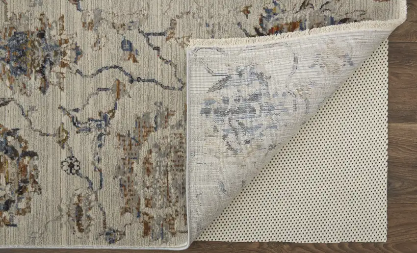 Blue Gray and Brown Floral Power Loom Worn Faded Area Rug With Fringe Photo 6