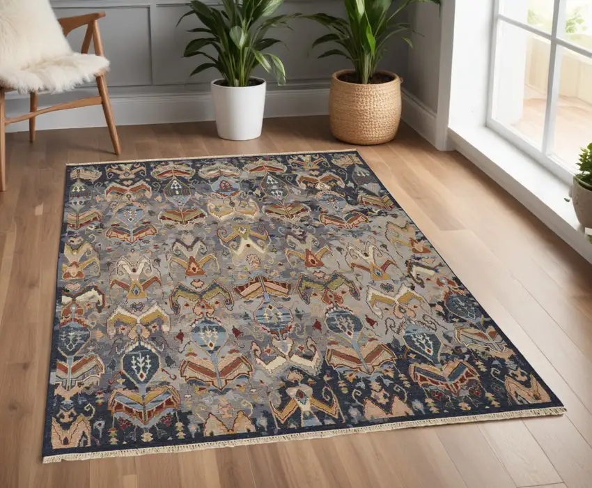 Blue Gray and Brown Wool Ikat Hand Knotted Area Rug With Fringe Photo 1