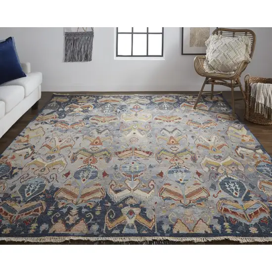 Blue Gray and Brown Wool Ikat Hand Knotted Area Rug With Fringe Photo 9