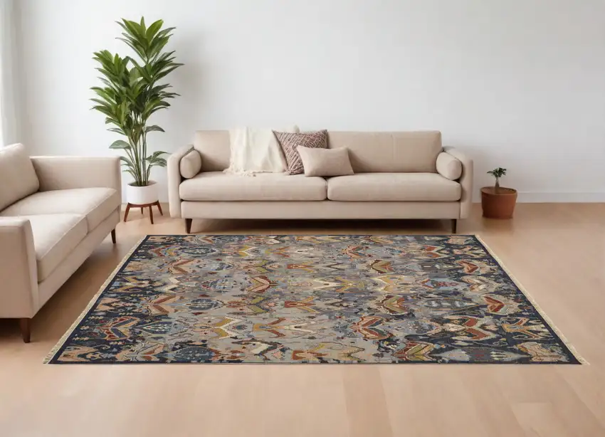 Blue Gray and Brown Wool Ikat Hand Knotted Area Rug With Fringe Photo 1