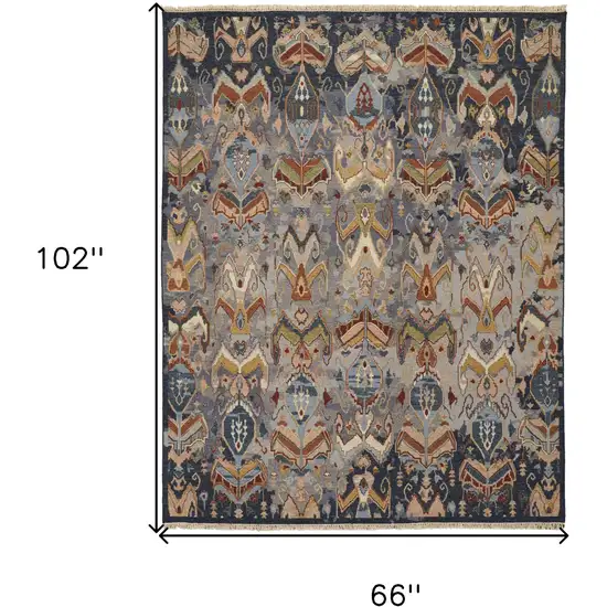 Blue Gray and Brown Wool Ikat Hand Knotted Area Rug With Fringe Photo 3