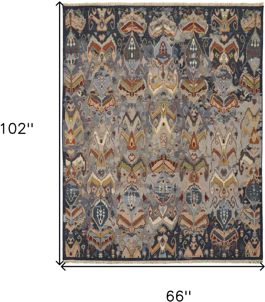 Blue Gray and Brown Wool Ikat Hand Knotted Area Rug With Fringe Photo 3