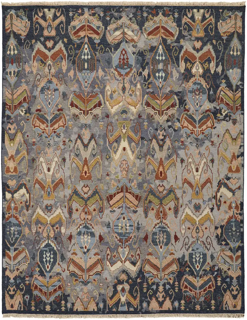 Blue Gray and Brown Wool Ikat Hand Knotted Area Rug With Fringe Photo 2